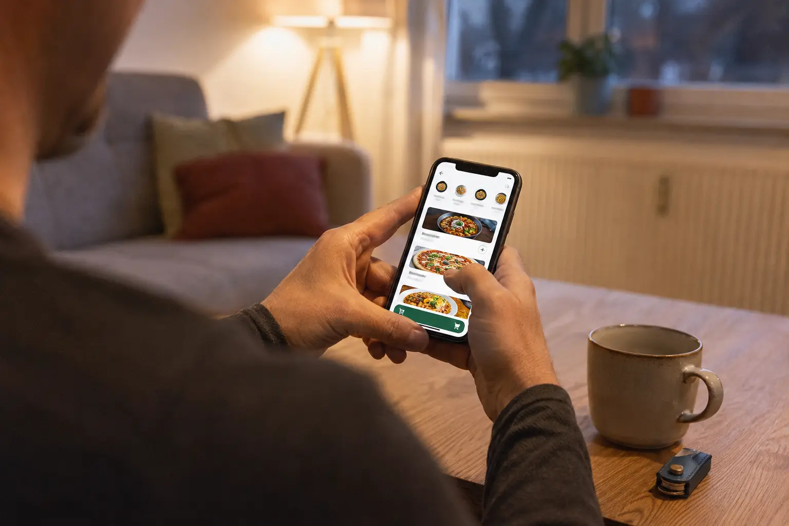 Kunde bestellt zu Hause mit dem Smartphone bei einem Restaurant