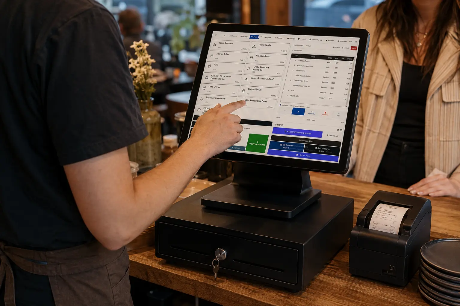 Restaurantmitarbeiter nimmt eine Bestellung an der POSLAB Touch-Kasse auf