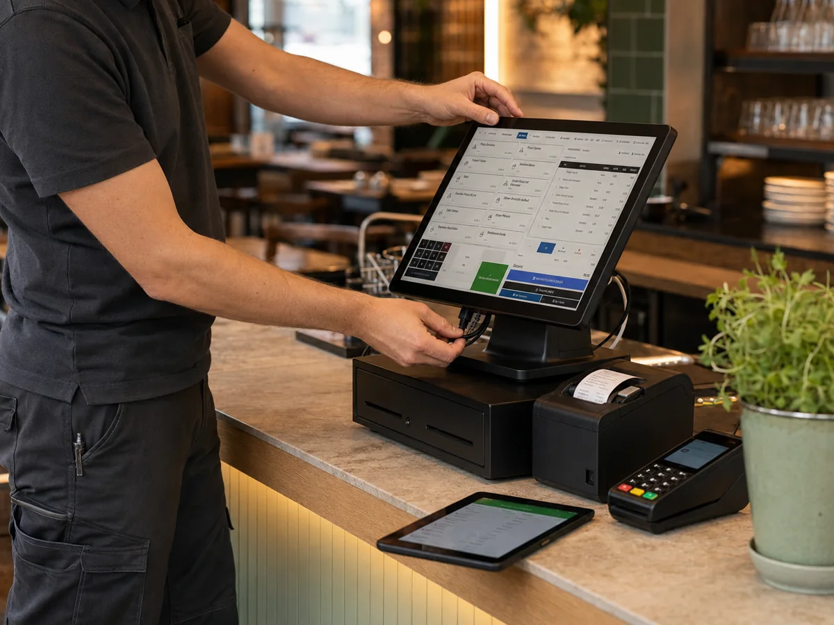 Ein Techniker installiert das POSLAB Kassensystem vor Ort im Restaurant