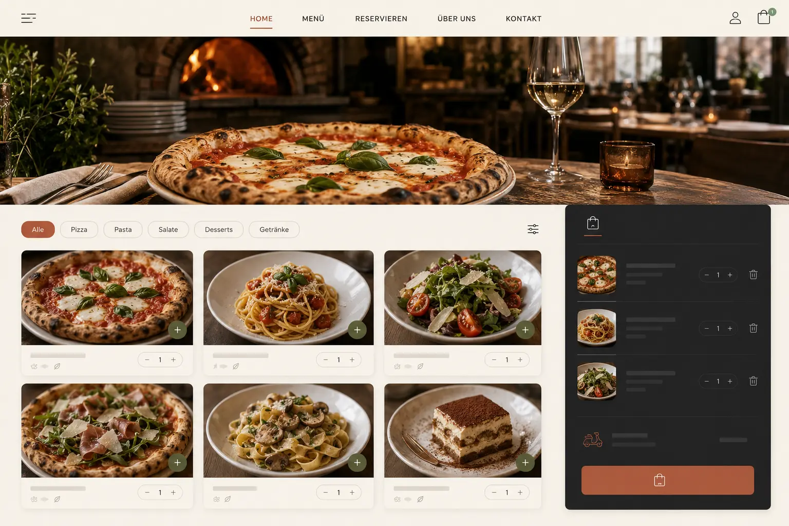 Individuelle Restaurant-Webseite mit Speisekarte, Food-Fotos und Warenkorb